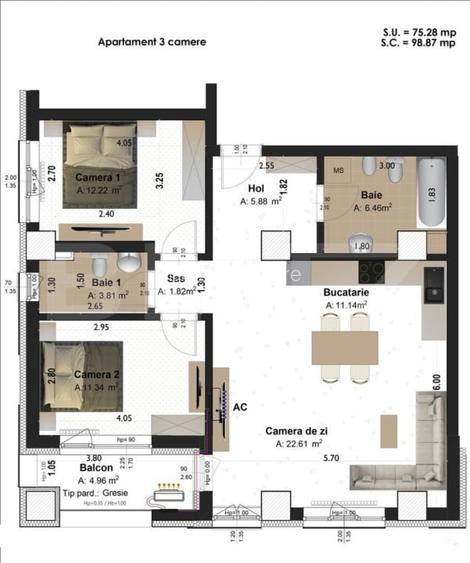 Apartament 3 camere, 75.30 mp, zona Concept 9