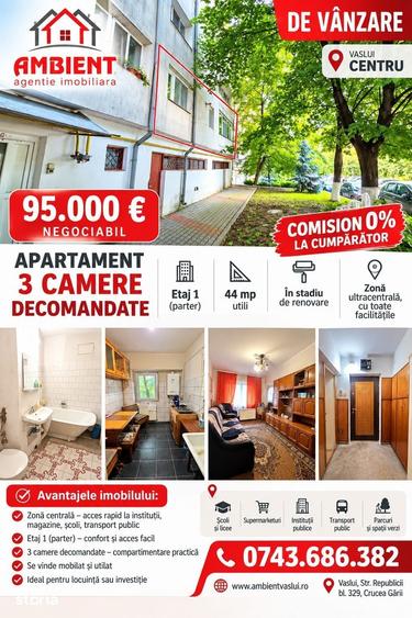 Apartament cu 3 camere decomandat în Est