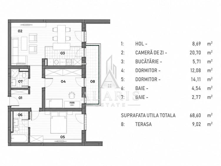 Apartament cu 2 camere semidecomandat în Braytim