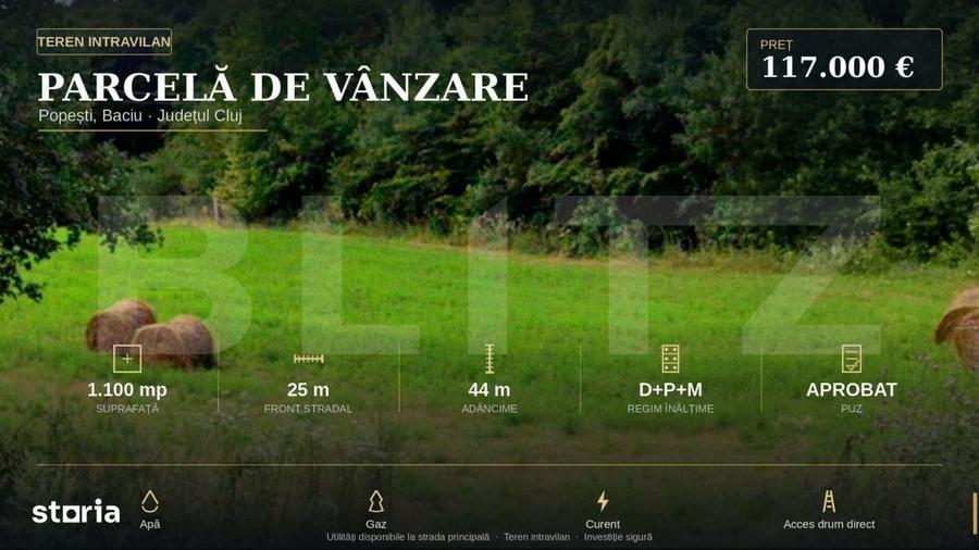Teren intravilan, 1100 mp, front 25 m, zona Popesti - 2