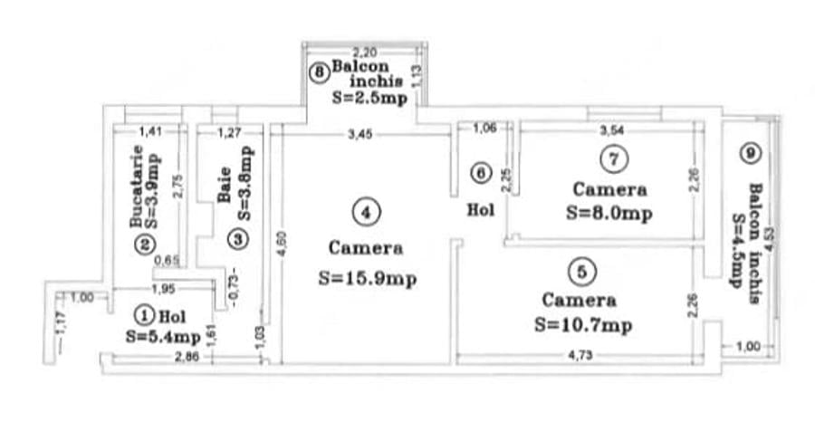 Apartament 3 camere, semidecomandat, zona Dacia - 1