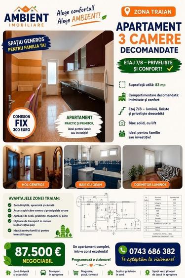 Apartament cu 3 camere decomandat în Traian