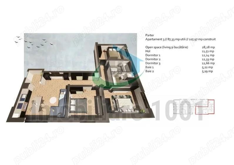 Apartament cu 3 camere decomandat în Tăuții-Măgherăuș