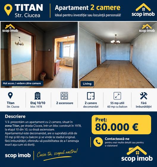 Apartament cu 2 camere decomandat în Titan