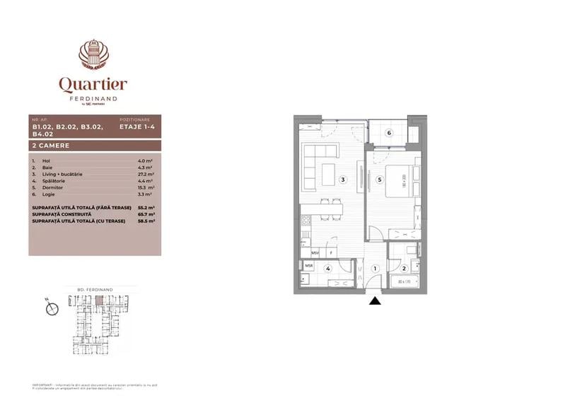 Apartament cu 2 camere decomandat în Ferdinand