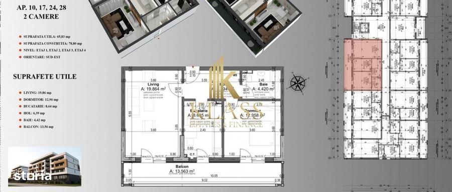 Apartament 2 camere, 63 mp, etaj 1, bloc nou, centrala, parcare, zona - 2