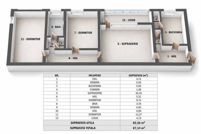 Apartament cu 3 camere semidecomandat în Titan