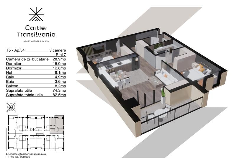 Apartament cu 3 camere decomandat în Noua