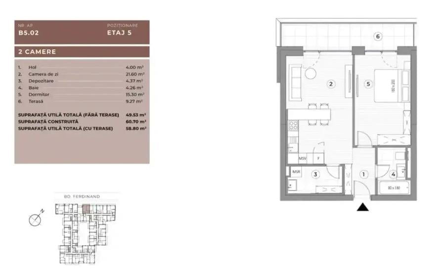 Apartament cu 2 camere decomandat în Ferdinand