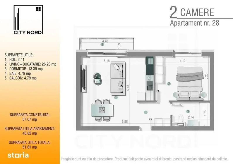 Apartament cu 2 camere în Tunari
