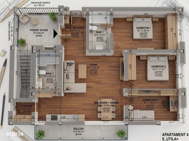 Apartament cu 3 camere în Central
