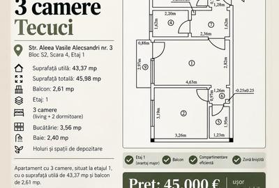 Apartament cu 3 camere semidecomandat în Central