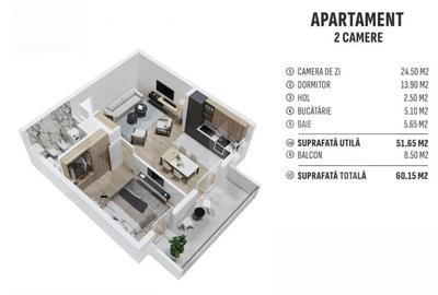 Apartament cu 2 camere decomandat în Centura