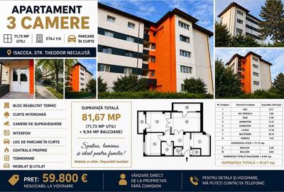 Apartament cu 3 camere decomandat în Central