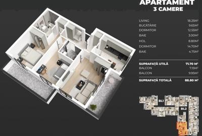 Apartament 3 camere - 2 bai - 2 terase - Metrou Berceni 3 min - 2