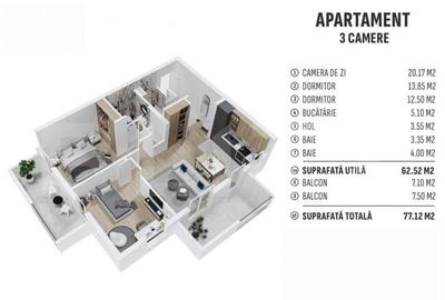 Apartament de 3 camere finisat, 62mp utili, cartier reziden? - 1