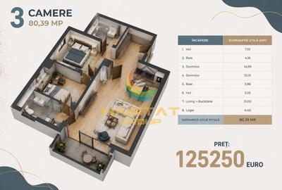 Apartament cu 3 camere decomandat în Central