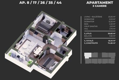 Apartament modern in bloc nou - 3 camere, spatios, zona Grand Arena, Comision 0% - 10