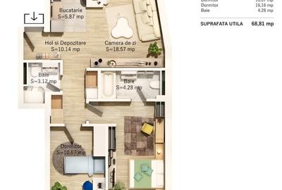 Apartament 3 camere, 69mp, zona Parcul Central - 1