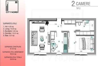 2 Camere - 56mp utili - Decomandat - Parter - 8