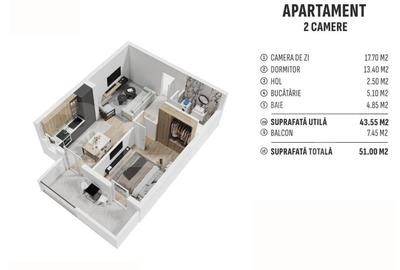 Apartament cu 2 camere decomandat în Centura