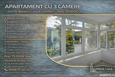 Apartament cu 3 camere zona N. Balcescu etaj 3 confort 1 Pret: 79.000 neg. - 2