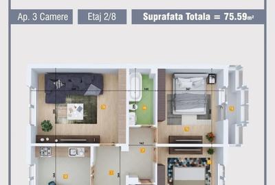 Apartament cu 3 camere în Militari