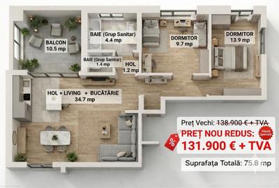 Apartament cu 3 camere decomandat, mobilat în Mioriței - 2
