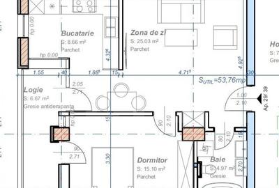 Apartament cu 2 camere, semidecomandat, 53 mp utili, logie 6