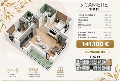 Apartament cu 3 camere decomandat în Central