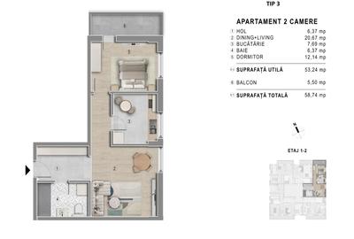 Apartament cu 2 camere în Popești-Leordeni