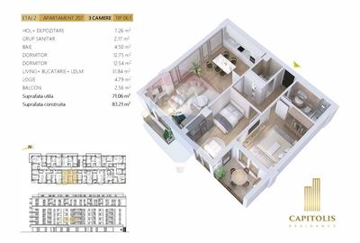 Apartament cu 3 camere semidecomandat în Tractorul - 3
