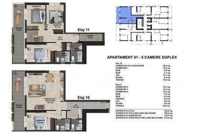 Apartament Duplex 5 camere | 4 băi | 180 mp | Etajele 10-11 - 2