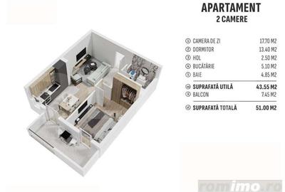Apartament de 2 camere finisat, 44 mp, terasa, cartier nou rezidential! - 1