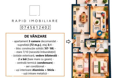 Apartament cu 3 camere decomandat în Piața Centrală