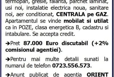 Apartament cu 2 camere decomandat, mobilat în Km 5 - 12