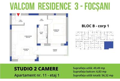 Apartament 2 camere-Str Cuza Voda-S=56.32 mp-et 2 - 3