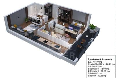 Apartament cu 3 camere de vânzare - Ogorului, Turnișor, Sibiu