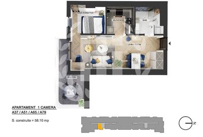 Apartament 1 camera zona de Nord - 49.38 mp utili - 1