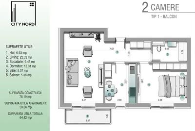 Apartament cu 2 camere decomandat în Exterior Sud