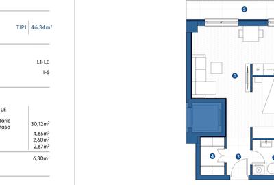 Apartament 1 camera 46 mp, debara, bucatarie si zona dormit separate, avans 15% - 3