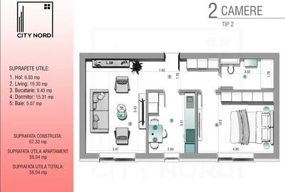 2 Camere - 56mp utili - Decomandat - Parter - 8