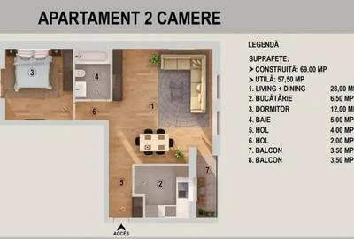 Apartament cu 2 camere decomandat, mobilat în Tunari - 2