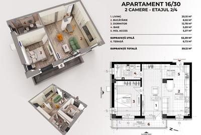 APARTAMENT tip OPEN-SPACE - 2 camere, ETAJ 2, Complex TUDOR VLAD RESIDENCE; - 2