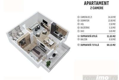 Apartament de 2 camere finisat, 51 mp, cartier rezidential nou! - 1