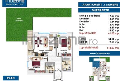 3 CAMERE LA PARTER CU CURTE PROPRIE DE 57MP,  2 BAI, POZITIE PE SUD, COMISION 0% - 30