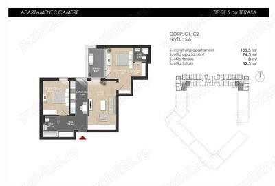Apartament 3 camere Nou, 83 mp S.Utila - zona Straule?ti, langa Mall Colosseum, Sector 1 - 15