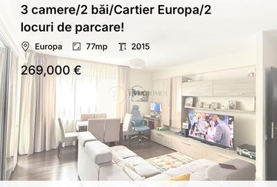Apartament cu 3 camere semidecomandat, mobilat în Europa