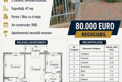 Apartament cu 2 camere semidecomandat în Costin Georgian