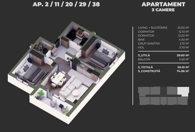 Apartament modern cu 3 camere, bloc nou, acces rapid la STB, Comision 0% - 7